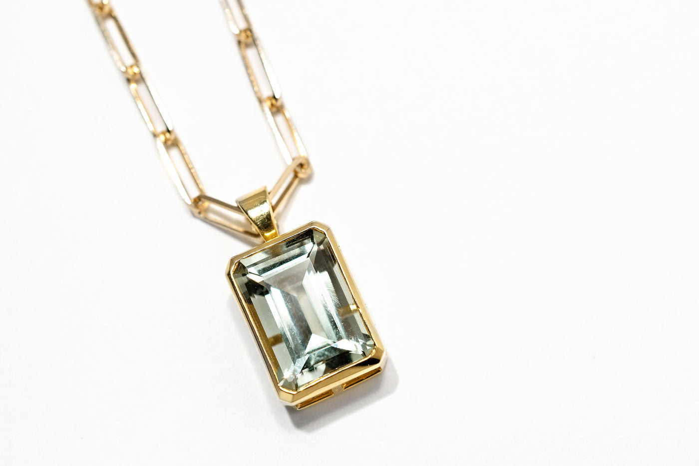 Hestia Green Amethyst Pendant & Paperclip Chain 14k