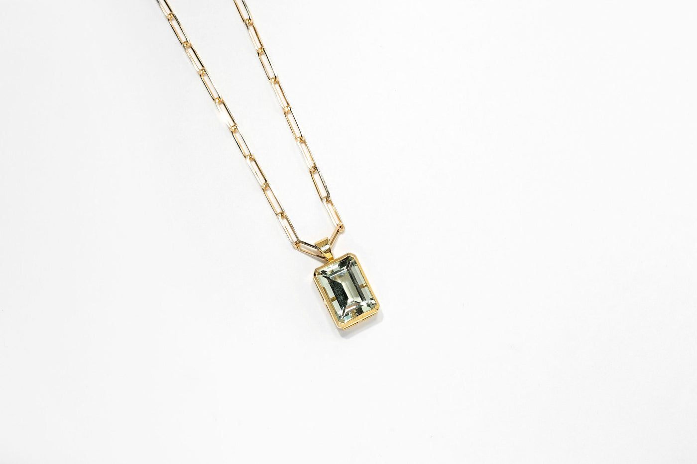 Hestia Green Amethyst Pendant & Paperclip Chain 14k