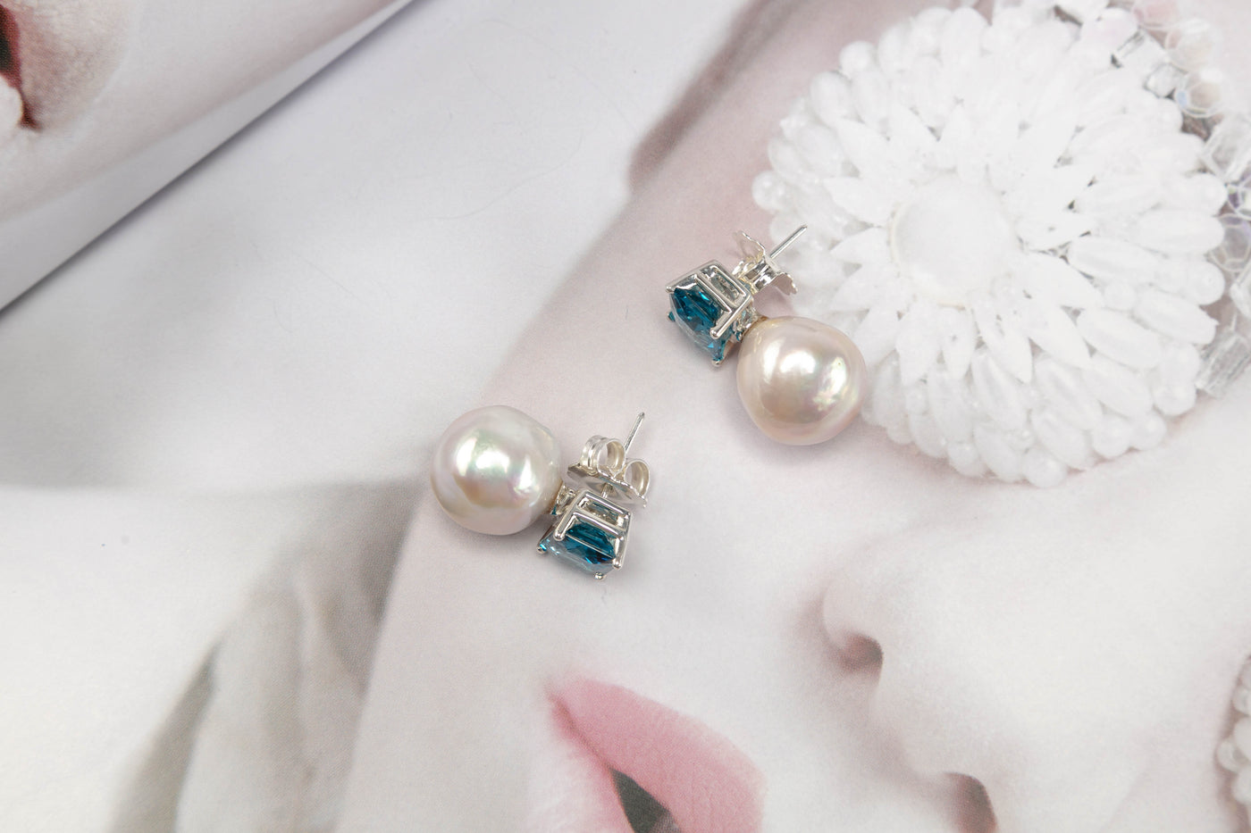 Baroque Pearl & London Blue Topaz Earrings