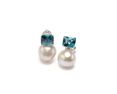 Baroque Pearl & London Blue Topaz Earrings