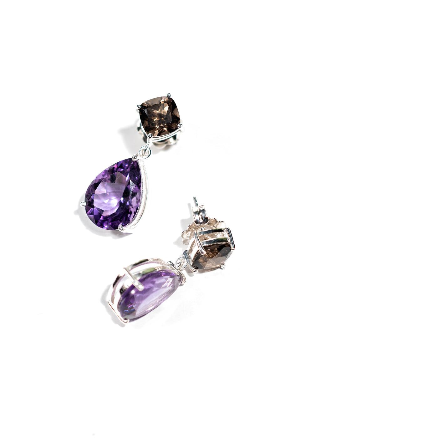 Double Drop Earrings - Purple Amethyst & Smokey Topaz