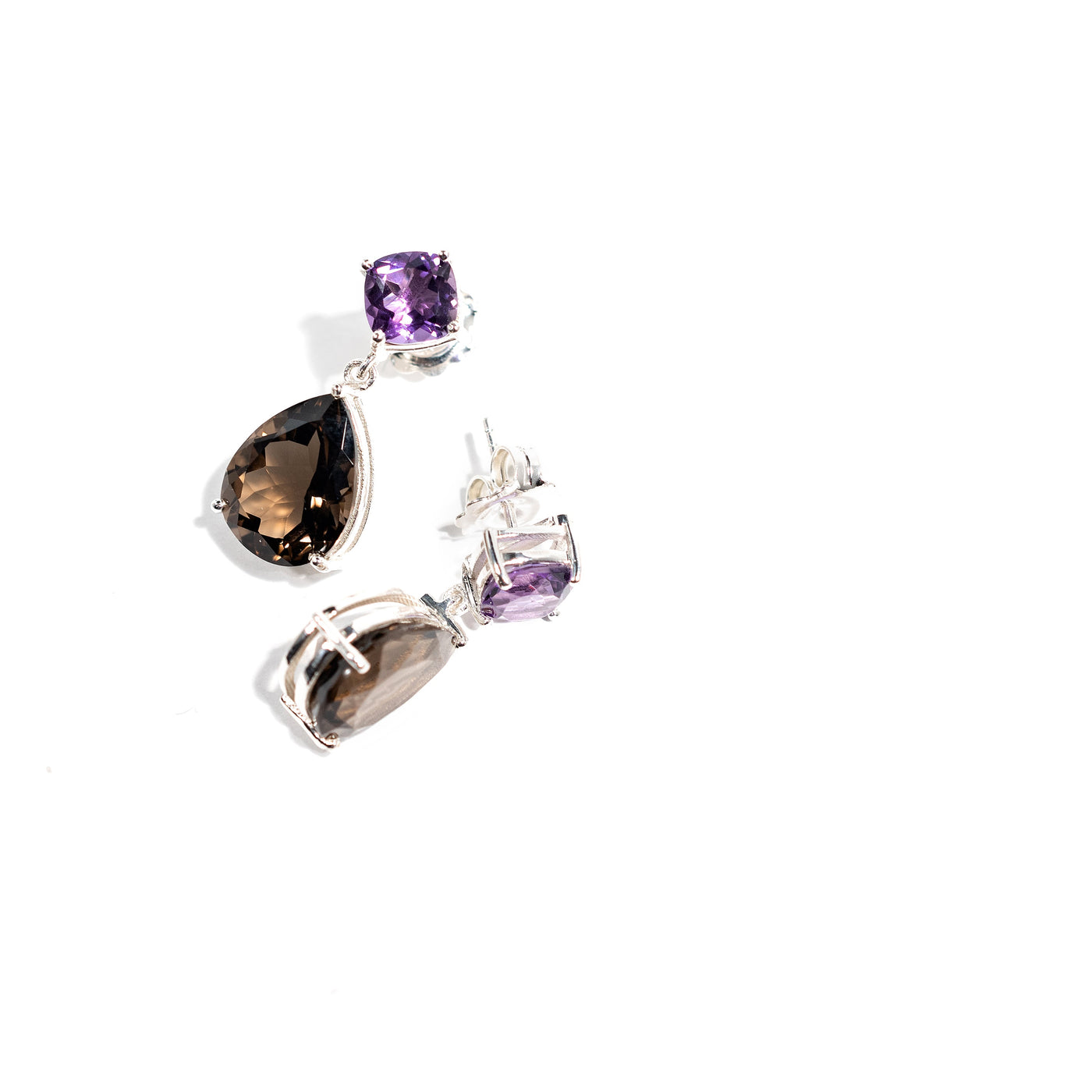 Double Drop Earrings - Smokey Topaz & Purple Amethyst