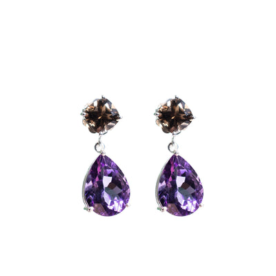 Double Drop Earrings - Purple Amethyst & Smokey Topaz