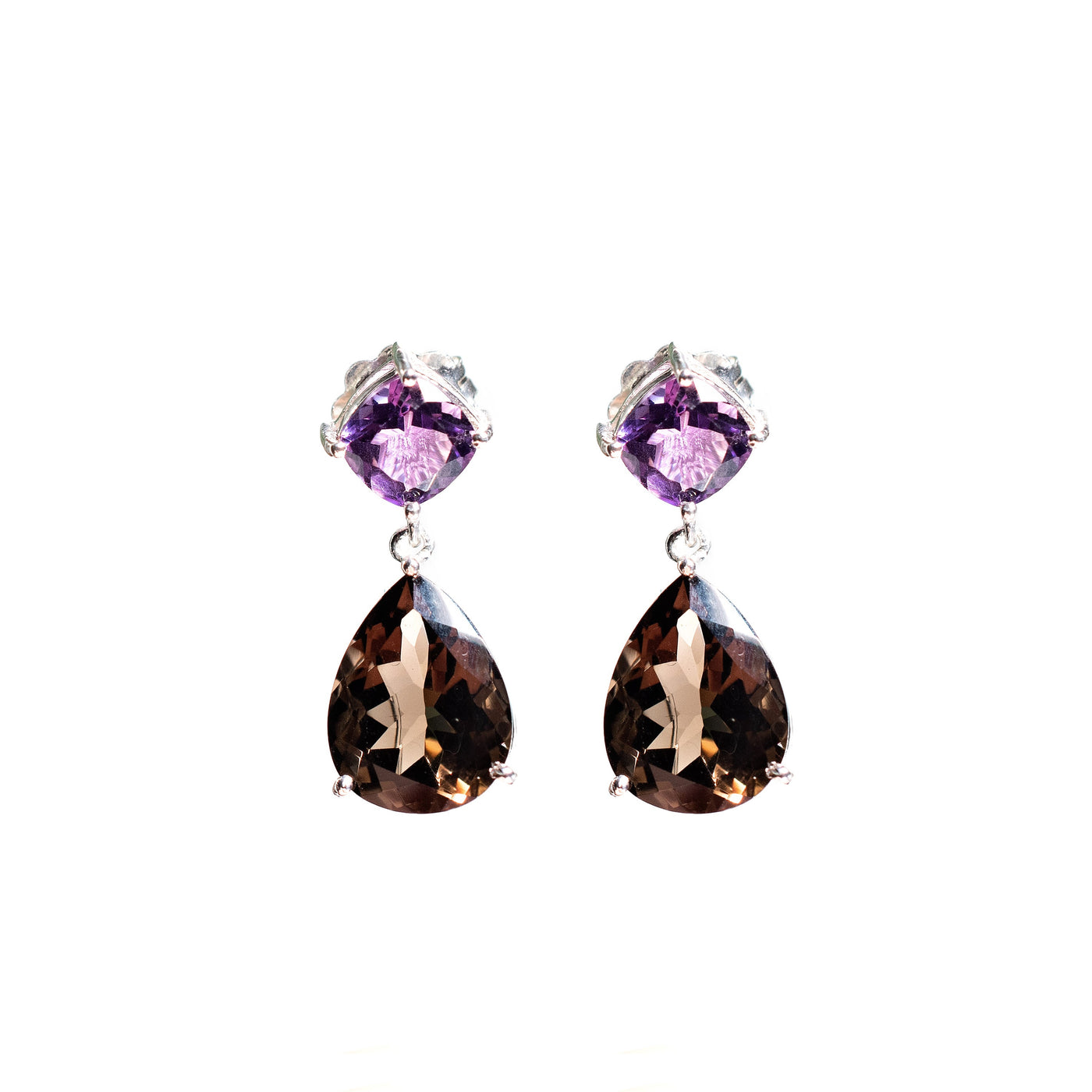 Double Drop Earrings - Smokey Topaz & Purple Amethyst